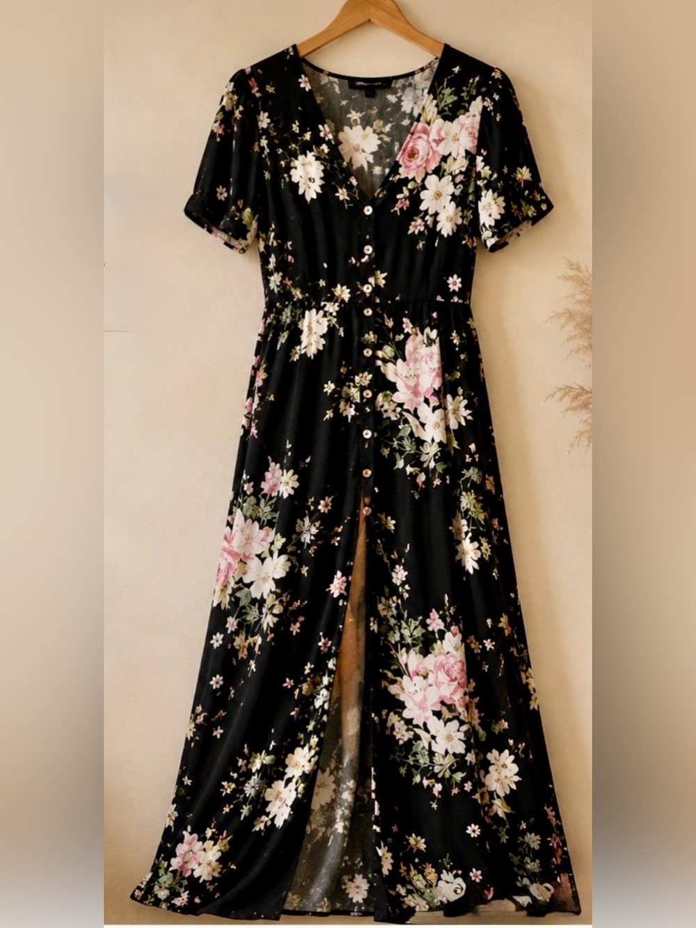 Zara Floral Maxi Dress Medium Button Front Cottagecore Black Pink